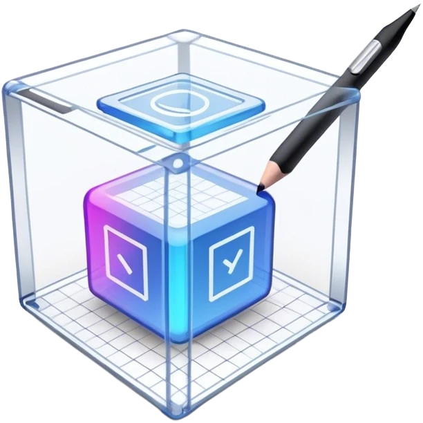 Create an emoji for 3D visualization and modeling. Show a 3D wireframe model or shape (e.g., a cube or sphere) with a design tool like a stylus or 3D rendering software interface. Use modern, professional colors. Do not include any emojis or smiley faces. Make the background transparent. emoji