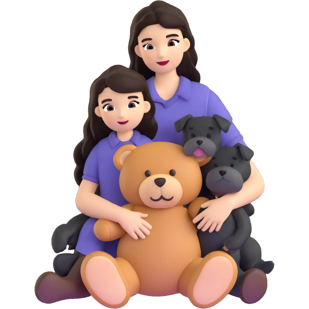 Kendall Jenner with long dark hair, holds a brown teddy bear and a black schnauzer emoji