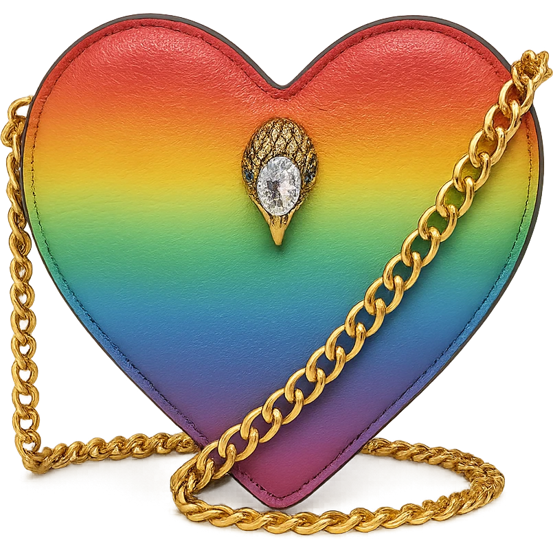 heart-shaped purse with vibrant rainbow ombre, inspired by Kurt Geiger, gold chain strap, sparkling jewel accent, stylish and upscale emoji
