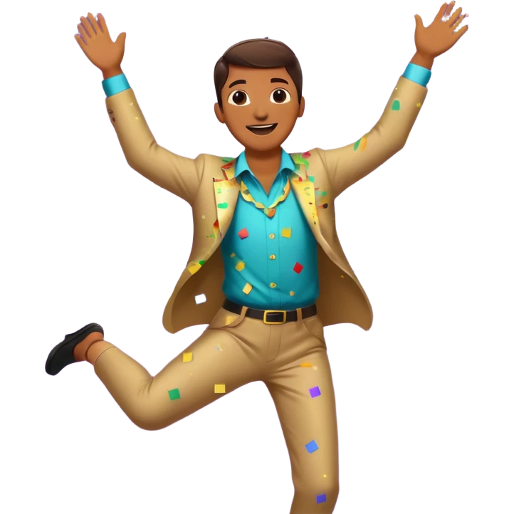 An energetic, celebratory emoji-style scene featuring a dancing figure surrounded by confetti, party streamers, and festive sparkles. Bright, colorful, joyful, and full of movement. emoji