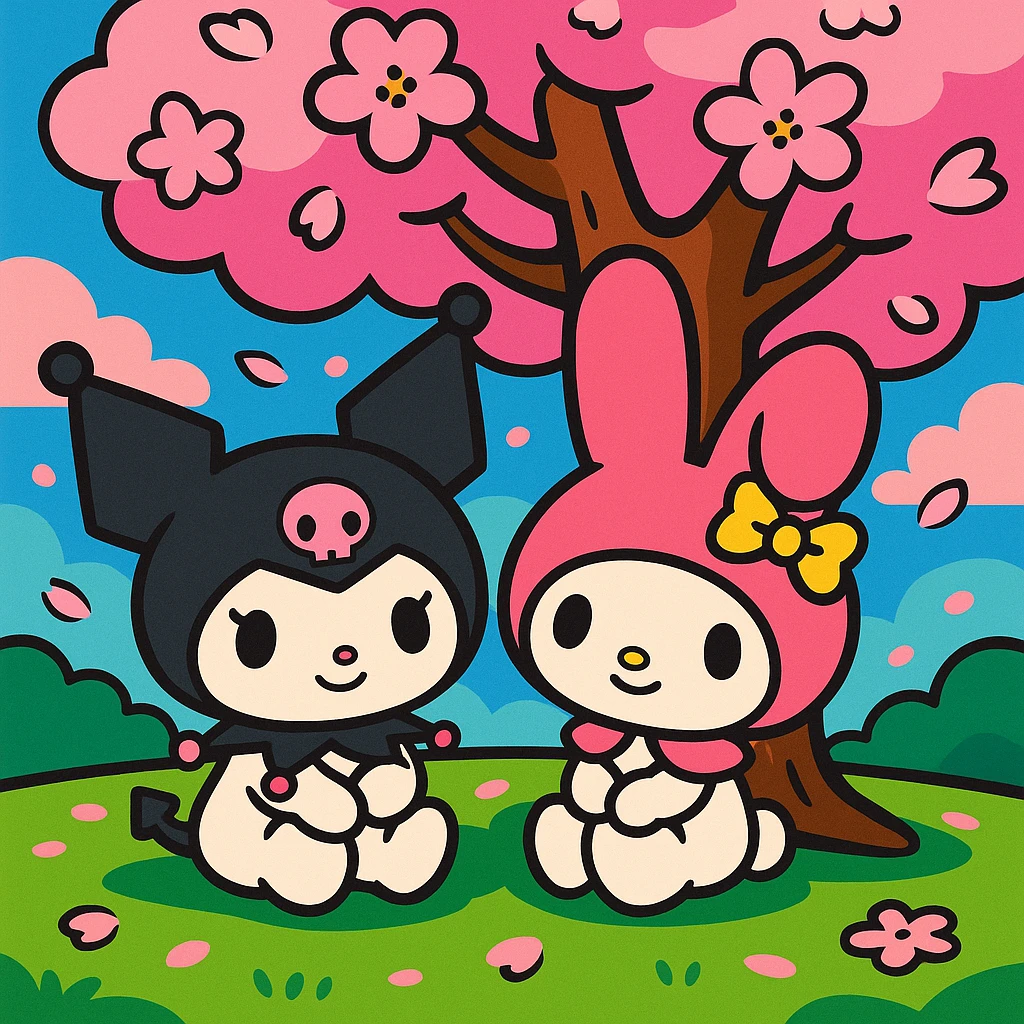 Kuromi and My Melody together, anime style, sitting under a cherry blossom tree, dreamy atmosphere emoji