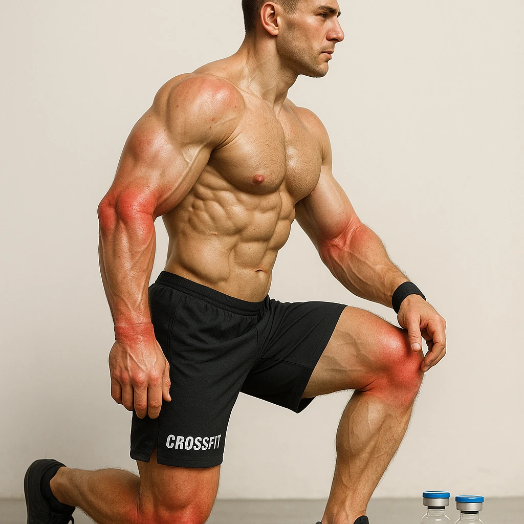 realistic anatomical side view of a crossfit athlete with swollen and reddened joints, prominent muscles, vials labeled 'Stanozololo' on the ground, natural light, light background emoji