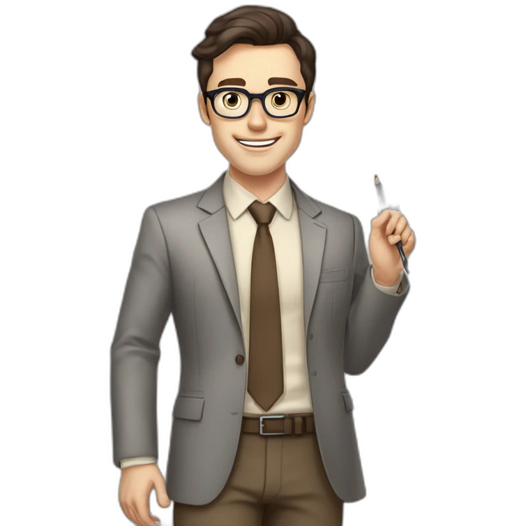 Pale skinned fit man with dark brown hair in gray jacket, beige office shirt, brown tie, brown pants and vintage glasses Writing text on the flipchart emoji