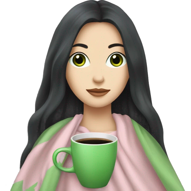 A pretty white girl with very long black hair and green eyes in a light pink blanket sipping coffee emoji