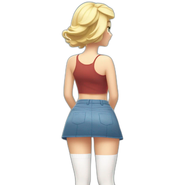 full body back view curvy caucasian beauty in small skirt lifted by the wind butt white socks emoji