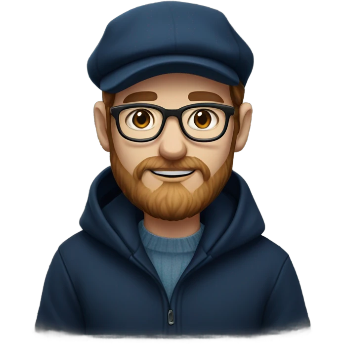 an irish guy with a black newsboy hat in color wearing a navy blue pull over hooded sweater thin frame glasses beard and sideburns blue eyes emoji