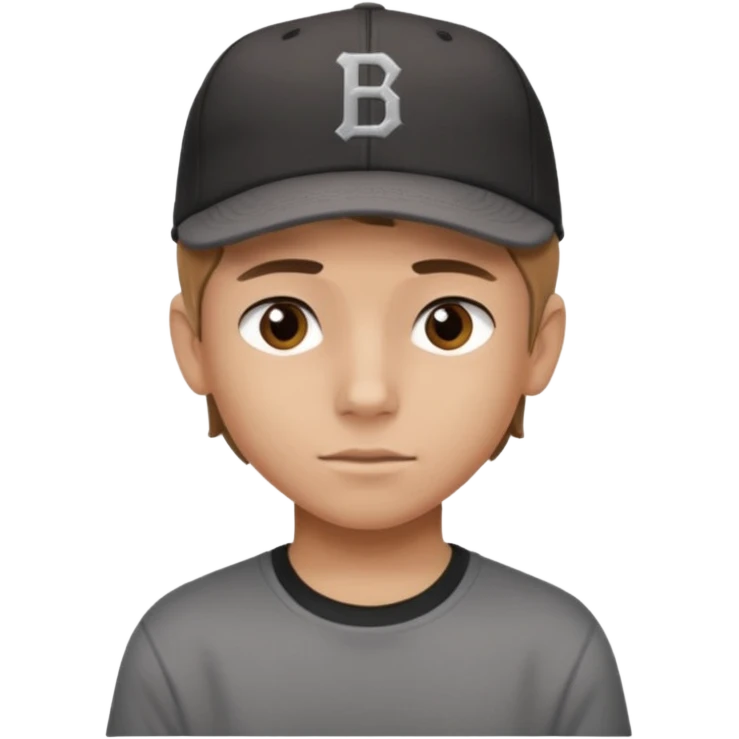 Create a teen boy wearing a faded black T-shirt. He will have light brown hair that is buzzed, tan skin, and dark brown eyes. He is wearing a gray baseball hat turned backwards. emoji