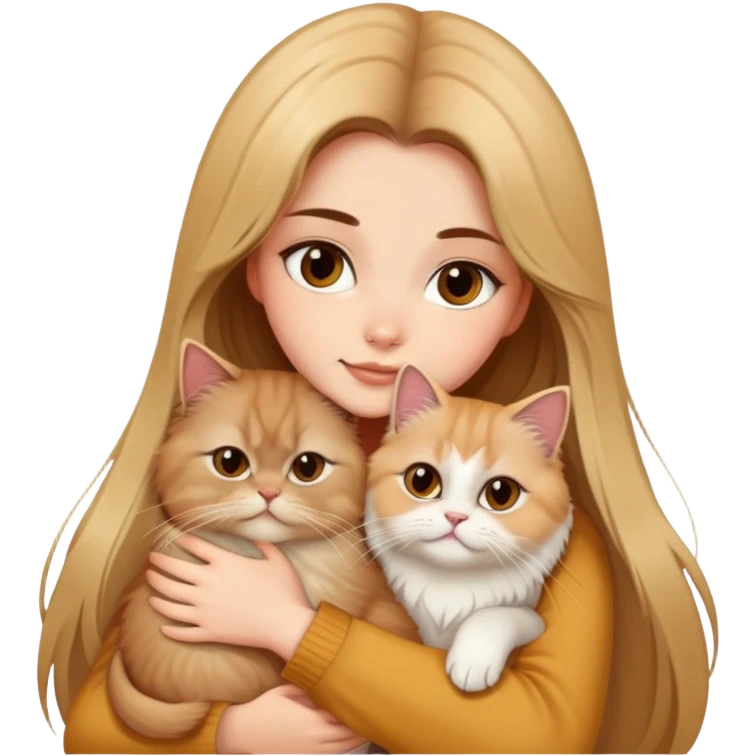 pretty girl with long color brown hair, hugging her blonde persian cat emoji