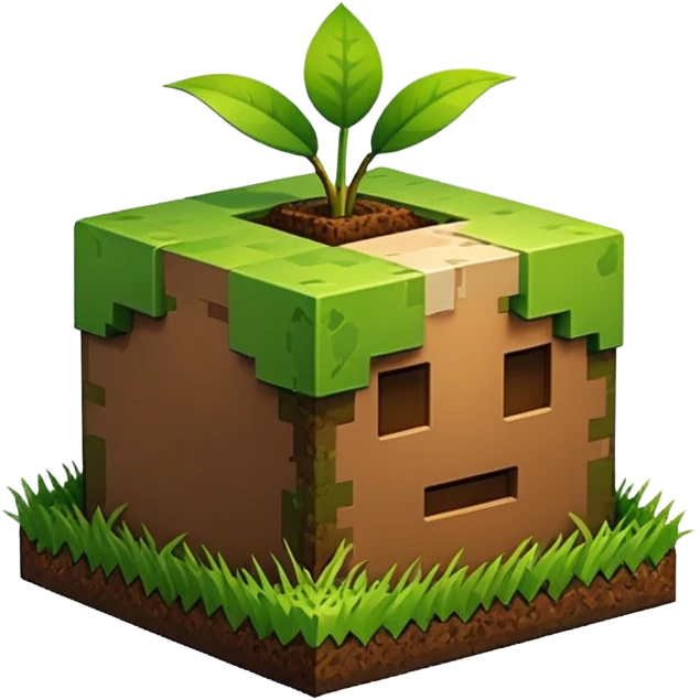 A 3D Apple-style emoji of a simple Minecraft-style grass block, cube-shaped with green grass on top and brown dirt on the sides, no background, clean design. emoji