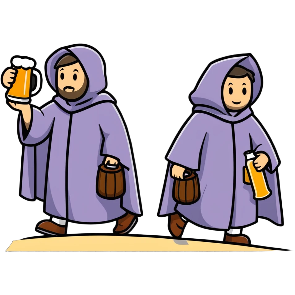 medieval pilgrims walking on a journey path with cloaks and beer bottles emoji