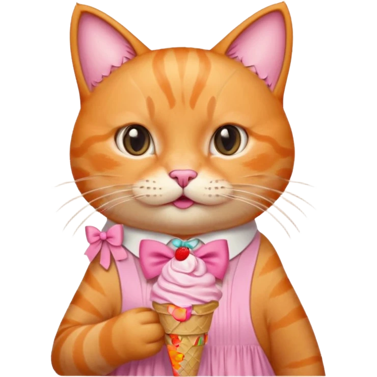 گربه ای نارنجی که لباس و پاپیون صورتی تنشه و پاپیون صورتی رو سرشه بستنی دستشه emoji