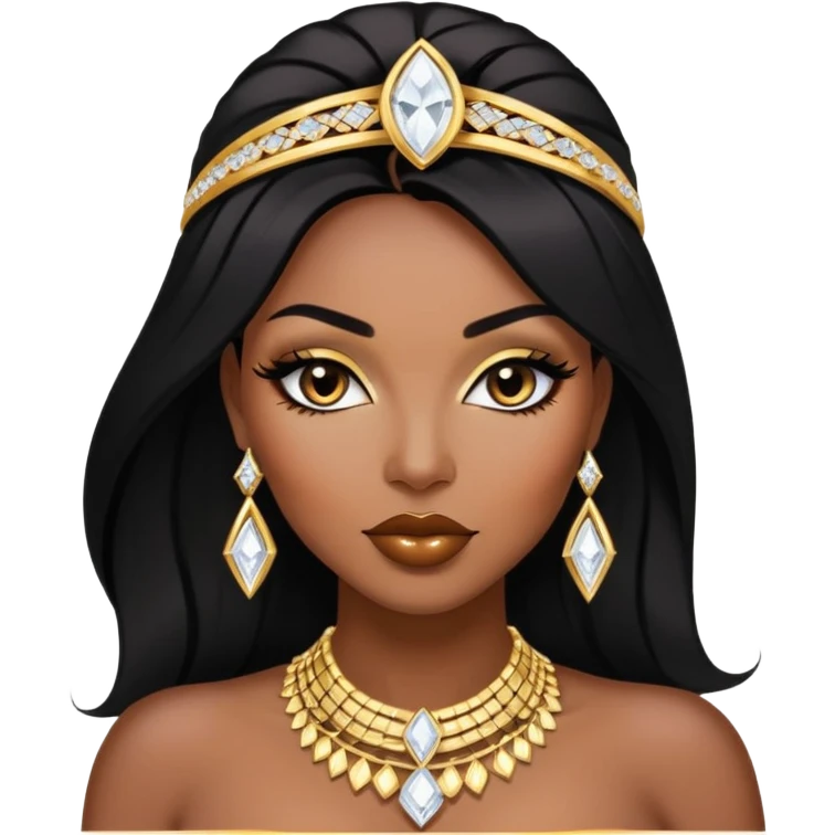 exotic African American woman with dark brown skin, straight black hair, glamorous makeup, gold jewelry, diamonds, curvy and confident, stylish and sexy emoji
