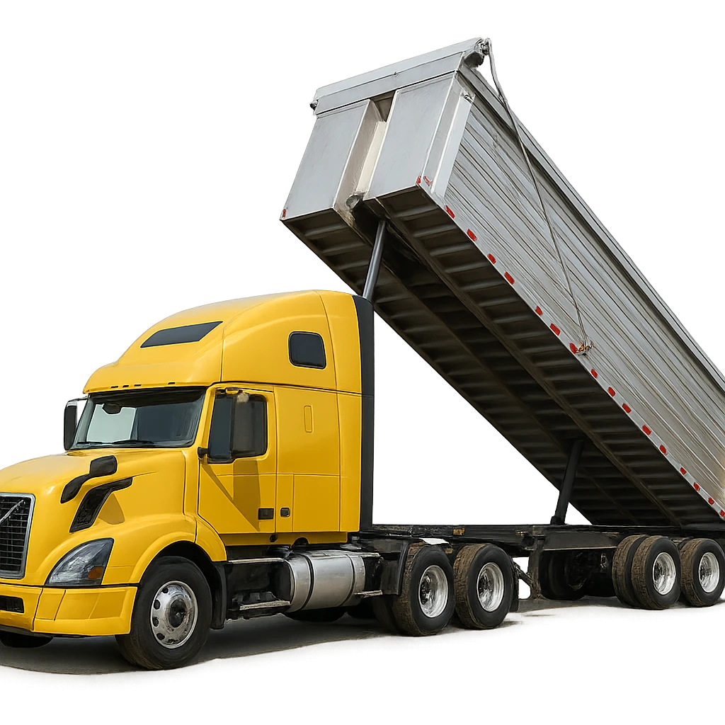 highly photorealistic Volvo yellow semi sleeper truck with a long silver end dump trailer in the raised dump position, detailed textures, realistic lighting emoji