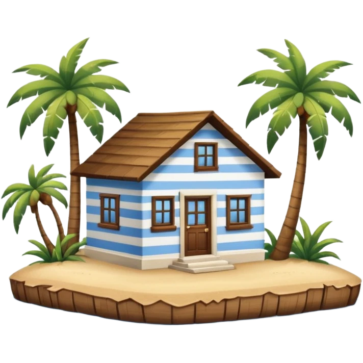 A full square white and blue stripe house horizontally with brown wooden door on a island with palm trees  emoji