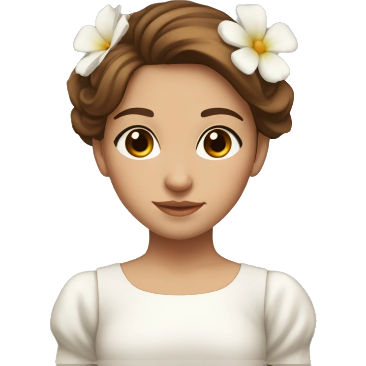 a beautiful girl with midlle straigh liht brown hair and brown eyes, she has a beautiful flower under her ear and she has a white beautiful dess emoji