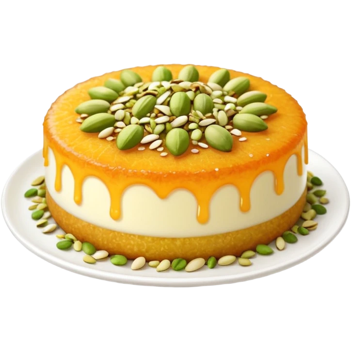 A small round emoji of traditional kanafeh with golden-orange crispy threads, a gooey white cheese center, and a light sprinkle of green pistachios. Warm and delicious-looking. emoji
