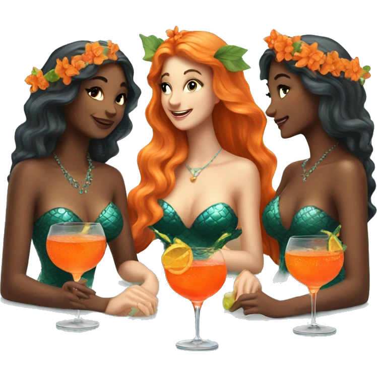 Three beautiful mermaids drinking aperol emoji