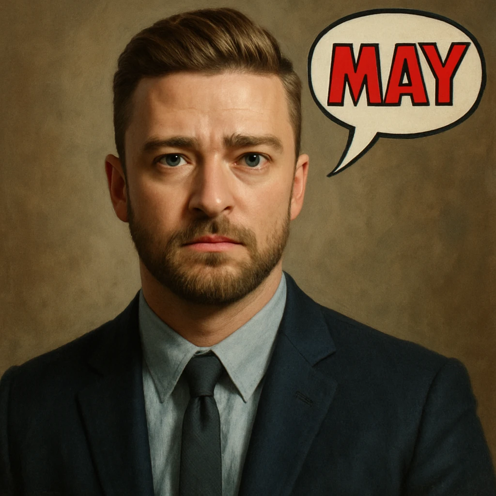 realistic digital painting of a Justin Timberlake lookalike with 'MAY' in a comic bubble emoji