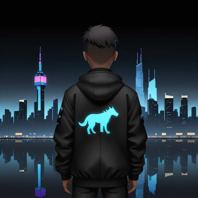 A silhouette watching a city skyline at night, cyberpunk atmosphere, black background emoji