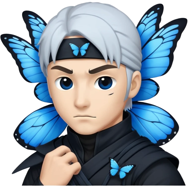 Emoji  con estos dos emojis 🦋 🥷🏻.
Ninja vestido de negro con los ojos de color negro y la piel blanca y con la mariposa azul posada en su hombro izquierdo como si estuviera volando en su hombro. emoji