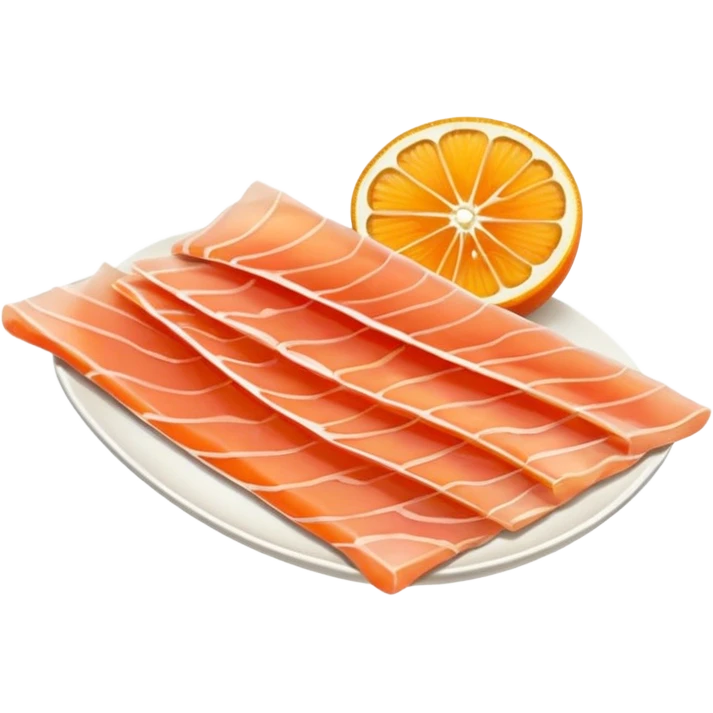 artisanal thin slice of smoked trout, orange-pink, smooth and glossy, with irregular edges and gentle folds, no plate or garnish, soft shadows, transparent background, emoji scale emoji