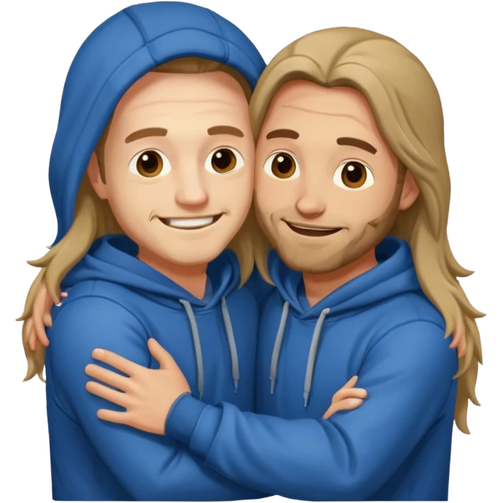 two happy men with long hair hugging, in hoodies emoji