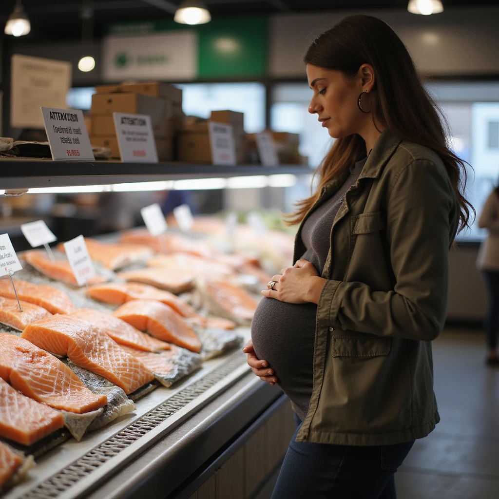 realistic pregnant woman in 4K approaching the fish counter and seeing a sign that says: 'Attention, consuming raw salmon may pose risks during pregnancy' emoji