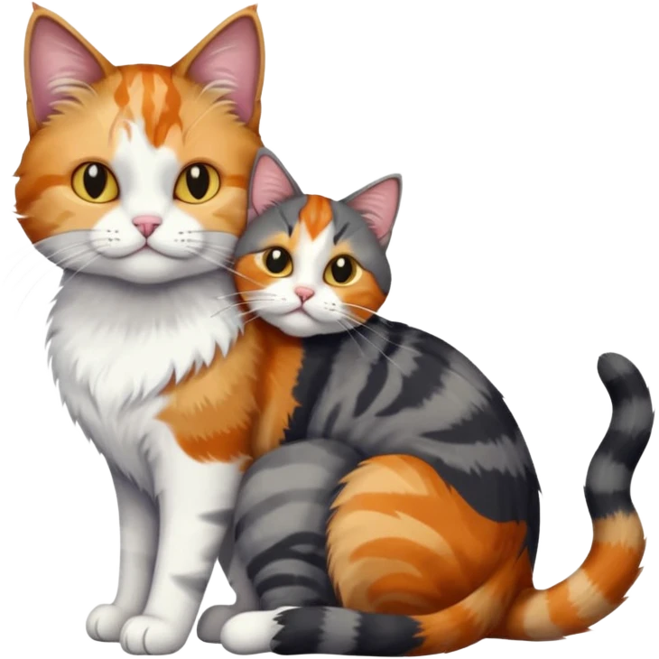 full body colourful light patched calico + white tabby cat cuddling a big dark grey and white tabby cat  emoji