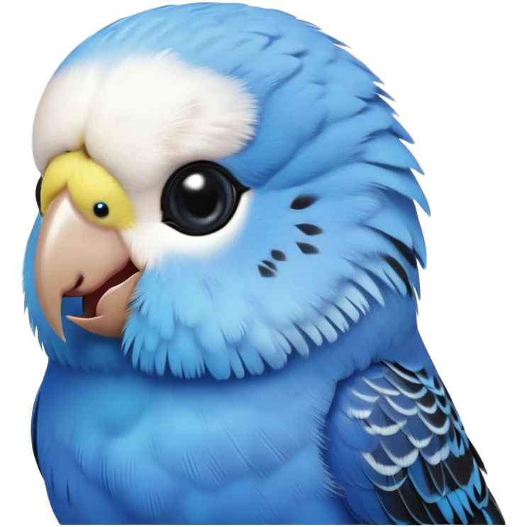 cinematic-cute-blue-budgie-portrait-emoji,-head-tilted-playfully-and-inquisitively,-featuring-a-brilliant-blue-feathered-fur-and white and black feathered face-with-a-natural-sheen,-round,-sparkling-dark-eyes-filled-with-curiosity,-simplified-yet-irresistibly-adorable emoji