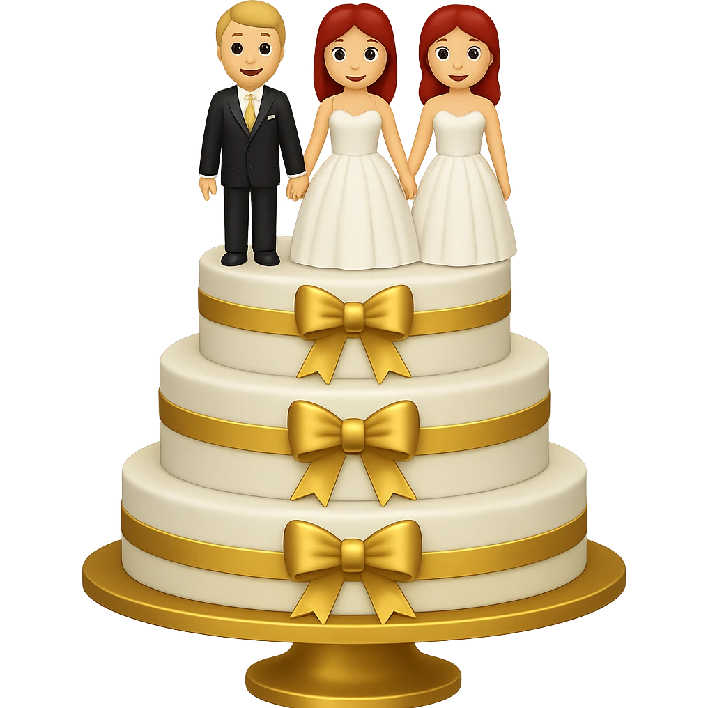 Add gold accents to the red wedding cake with bride and groom toppers. Keep the background transparent. The style is emoji style with concise and simple details. emoji