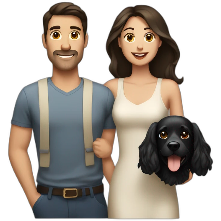 brunette man with a brunette woman with a black medium dog emoji