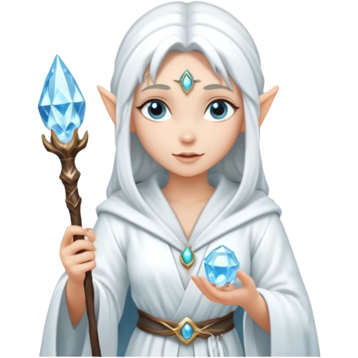 {
      "type": "human",
      "look": "snow elf sorceress, white robe, silver staff, ice gem top",
      "description": "a snow elf sorceress in a white robe with a silver staff topped by an ice gem"
    } emoji