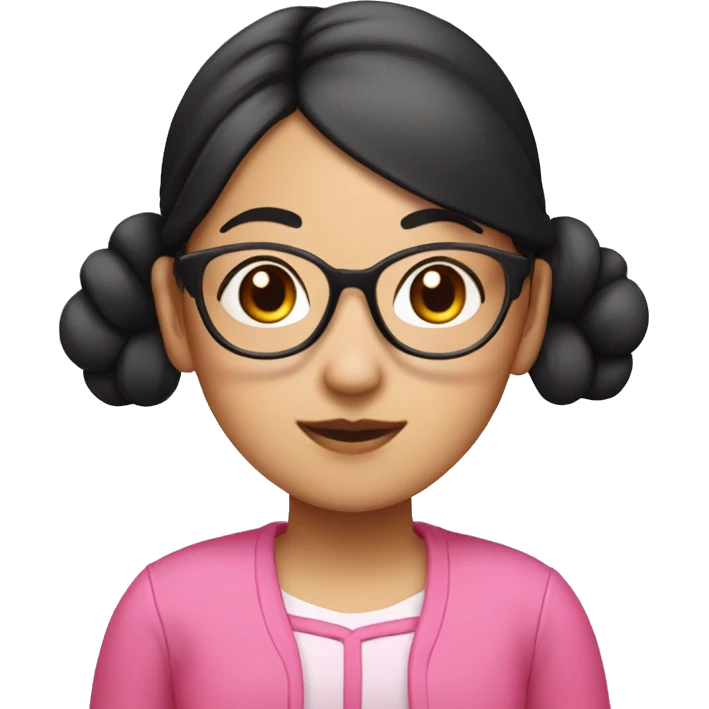 "An Asian girl with black hair, wearing glasses, and dressed in a pink outfit. Her hair is styled in two buns on either side." emoji