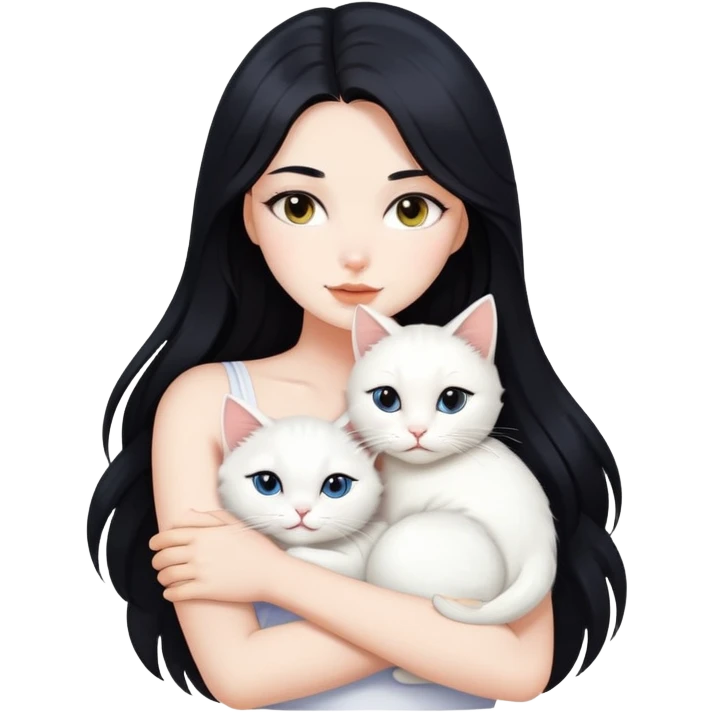 Beautiful sexy girl with long black hair hugs a white cat emoji