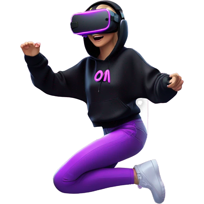 Russian girl wearing black hoody with violet letters "OMG", in vr headset oculus quest2. jumping. Cyberpunk style. Violet neon. emoji