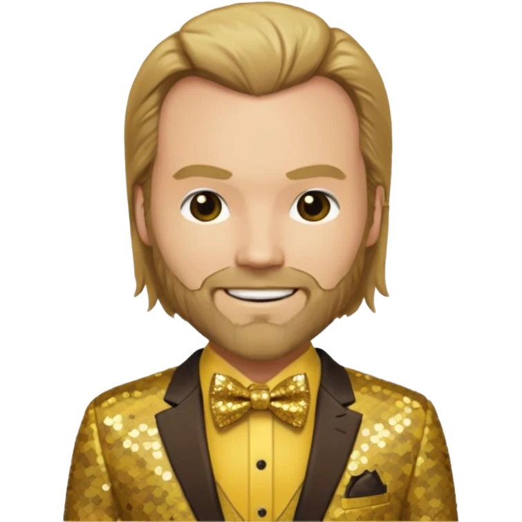 Tyler Mane with long dark blonde hair, yellow shirt, brown sequin suit with bow tie emoji