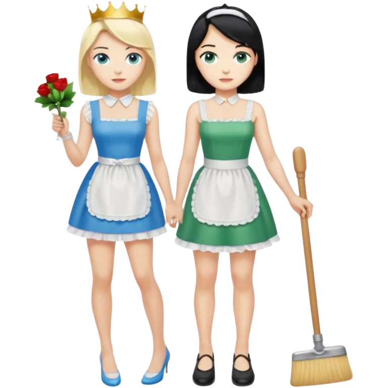 King, black hair, body, legst, blue eyes, shoes, maid blonde hair, green eyes, sexy short sleveless White dress, shoes emoji