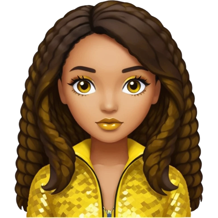 Leigh-Anne Pinnock from Little Mix with long dark brown hair, yellow sequin outfit emoji