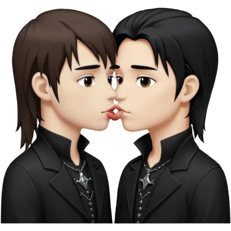 Goth Boys, one goth boy pale with brown hair the other a goth boy tan with long black hair, kissing emoji