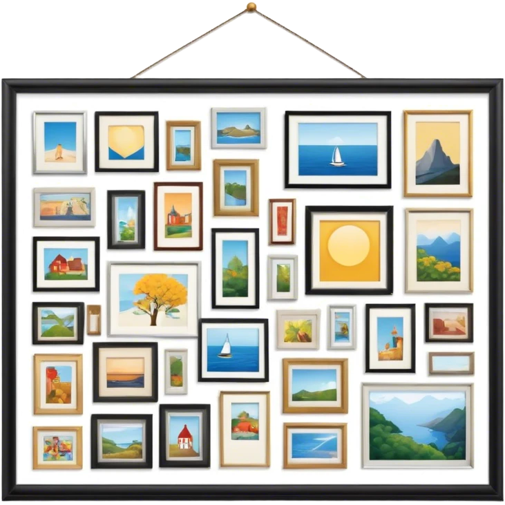 Icon for Photograph and Poster Collecting: a large poster in the center, surrounded by various-sized framed photographs. The icon should capture the charm of collecting photos and posters, arranged artistically on a wall. Transparent background. emoji
