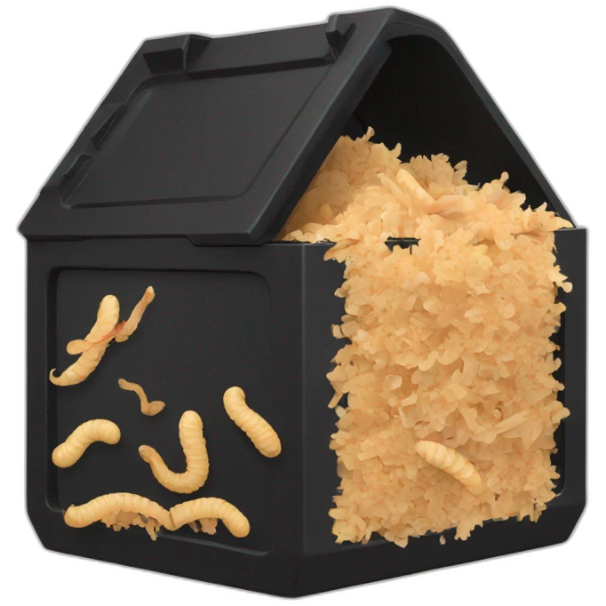 Black cubic plastic container with wood shavings and worms inside emoji