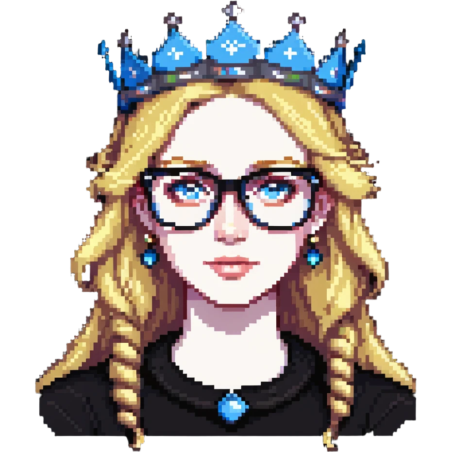 beautiful princess with blonde hair, bright blue eyes, wearing stylish glasses and a crown emoji