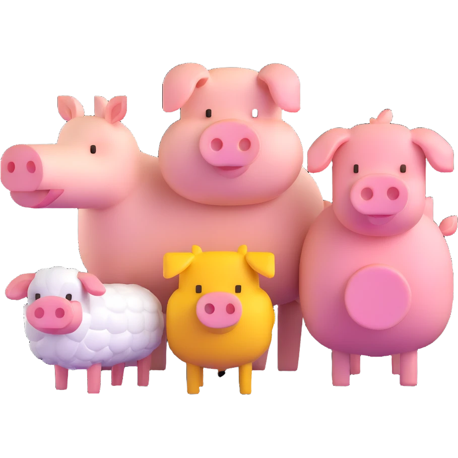 Minecraft style sheep, blocky pig friend, and blocky chicken friend together emoji