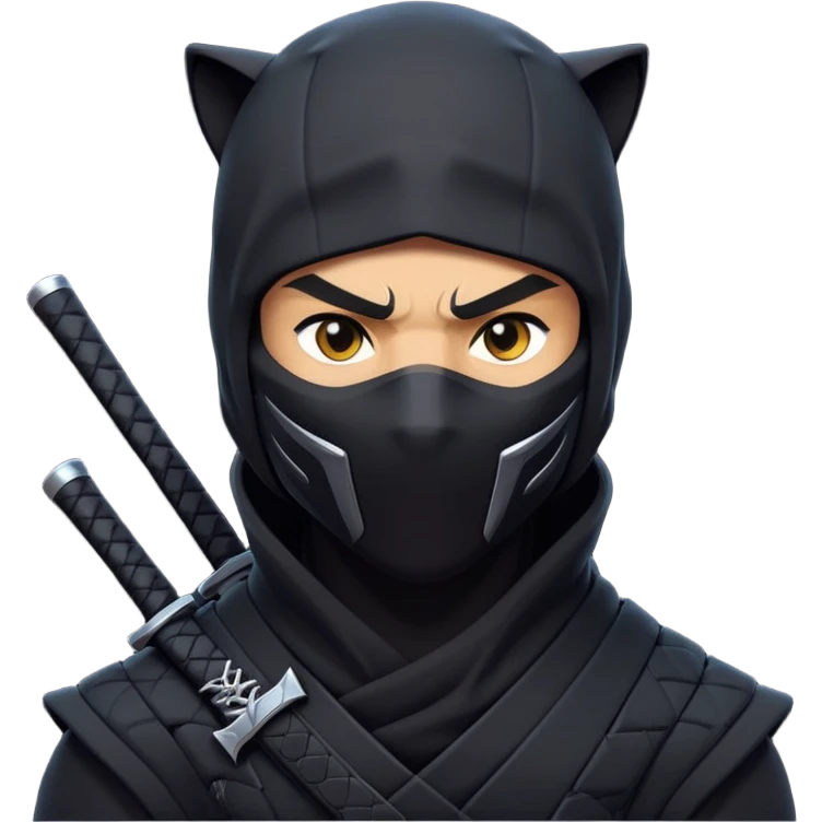 clash-of-clans-aesthetic_-cinematic-mysterious-male-ninja-portrait-emoji, rendered in a flat, vector-style similar to standard emojis with minimal shading and bold, simplified shapes, head slightly turned, revealing only intense, focused eyes, perched on a sleek panther moving silently through the shadows. emoji