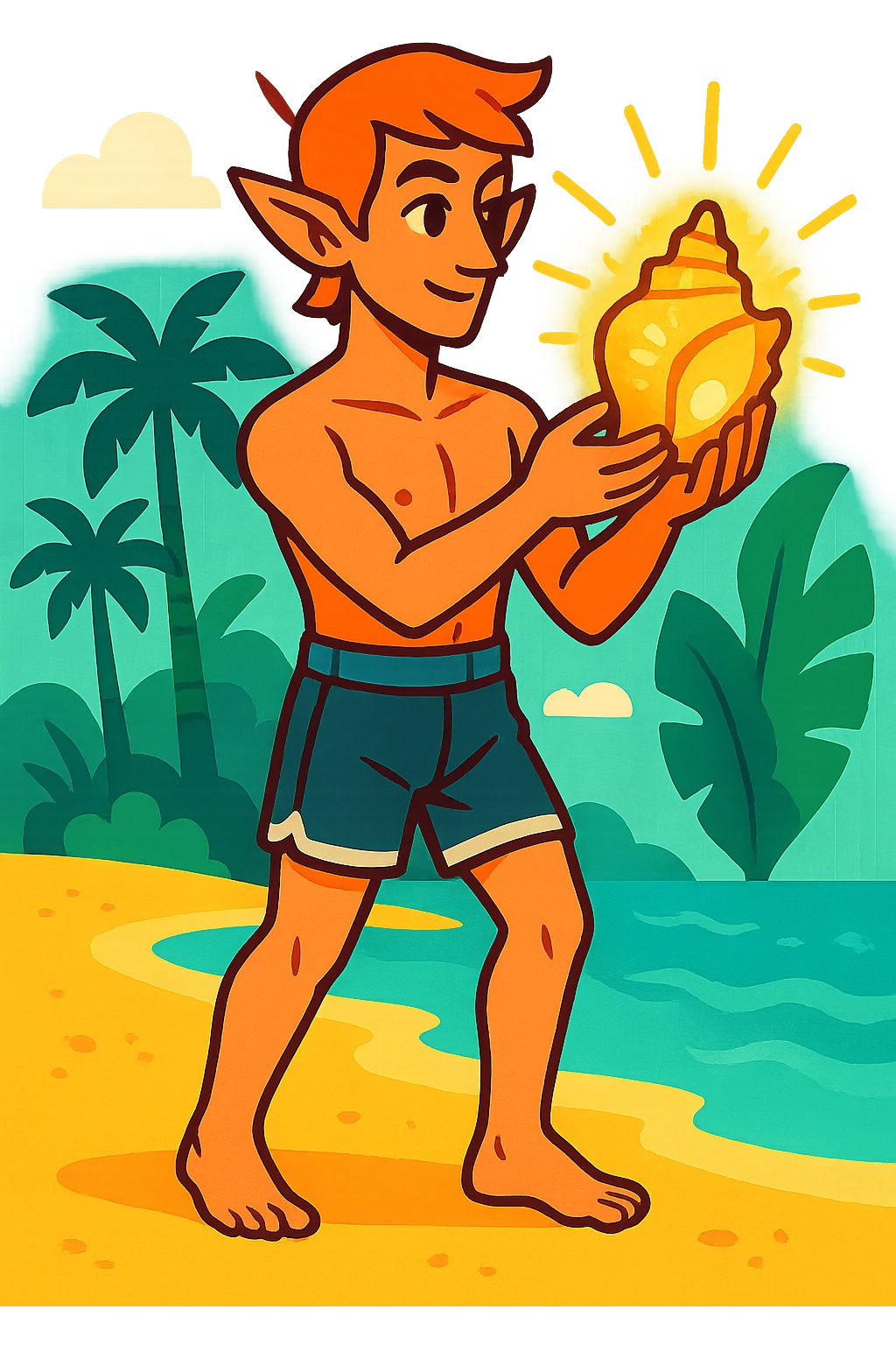 male elf in silver-trimmed swim shorts, holding glowing conch shell. Pointed ears, barefoot. Tropical vibe emoji