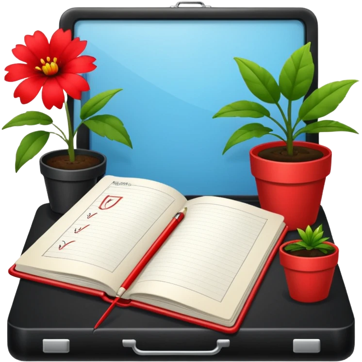 F U E R A    DE    O F I C I N A y detrás un escritorio moderno, con una notebook, una agenda y una planta con una flor emoji