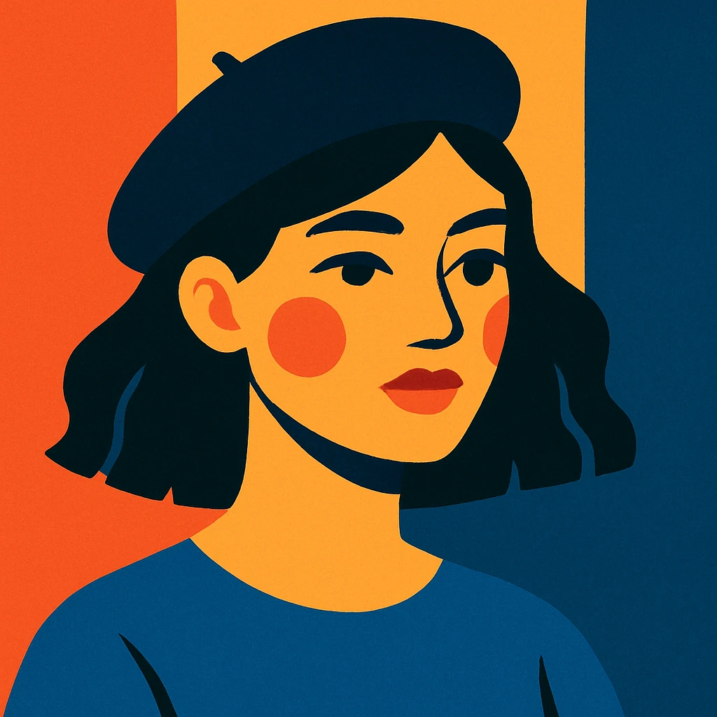 a girl with dark hair wearing a black beret hat, modern illustration style emoji