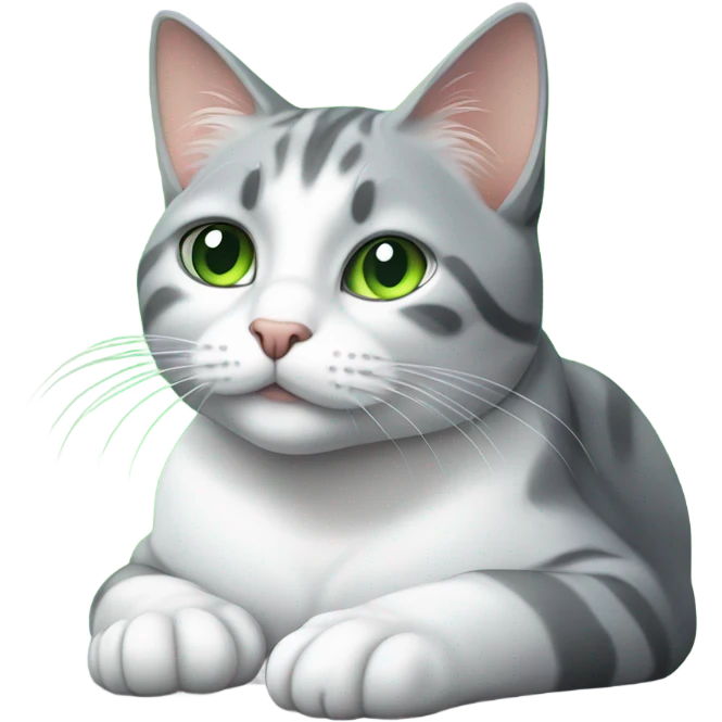 realistic grey and white cat gazing forward while laying down with green eyes  emoji