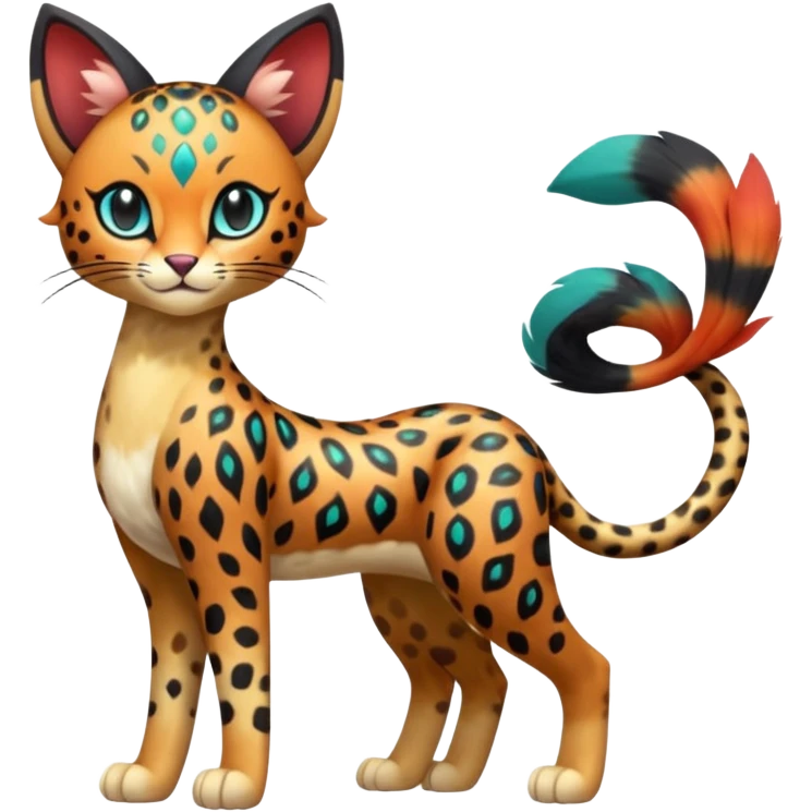 Colorful exotic esoteric patterned Gradients-colored realistic elegant lanky feminine cute pretty  Liepard-Litten-Meloetta-Sprigatito-Pokémon-fusion-creature (full body) emoji