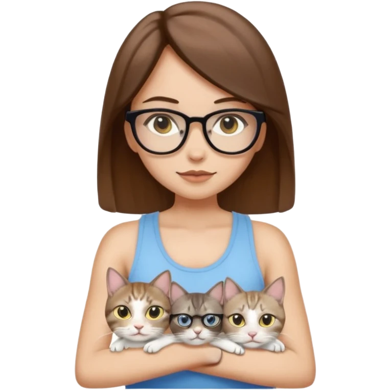 iOS-style emoji of a light-skinned girl with straight medium brown hair, black glasses and a white tank top, holding two cats: one white with yellow eyes and one gray tabby Siamese with blue eyes. emoji